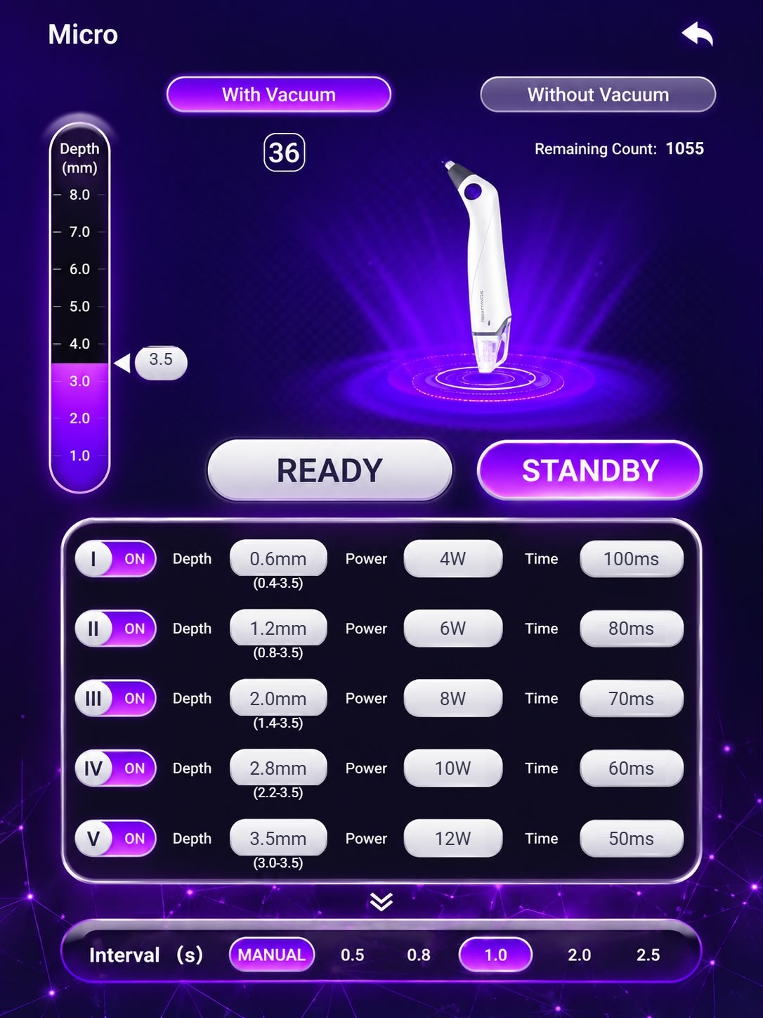 Tela do APEX no modo Micro programada até 3,5 mm: níveis I a V com 0,6, 1,2, 2,0, 2,8 e 3,5 mm, de 4 a 12 W e de 100 a 50 ms